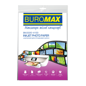 Фотопапір глянсовий, А4, 180 г/м2, 100 аркушів, BUROMAX BM.2220-4100